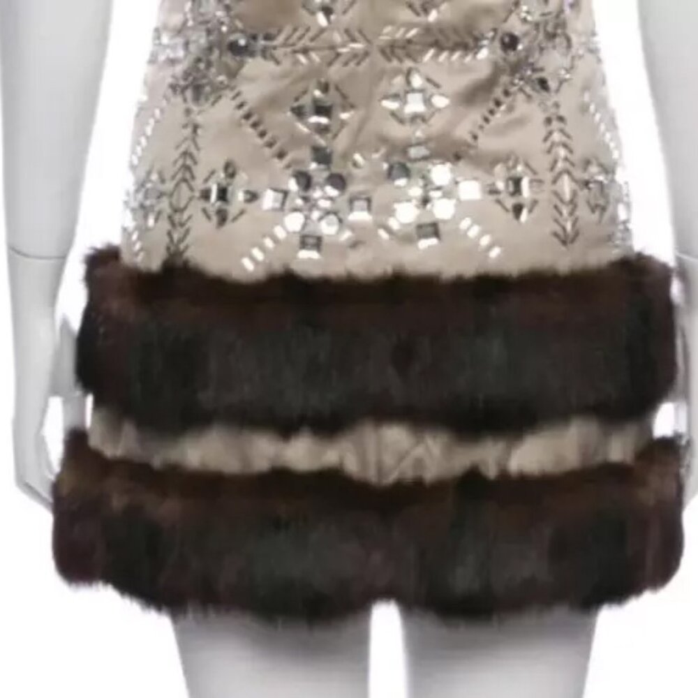 Moschino Couture Crystal Embellished Fur Trim Gold Zipper Dress USA 8 RHINESTONE - Picture 9 of 14